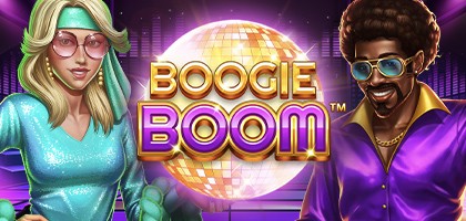 Funky disco-themed image with glitter balls and dancing figures for the Boogie Boom slot experience.