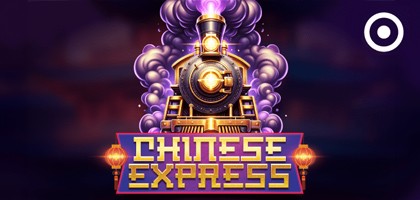Illustration of a high-speed train speeding through a scenic Chinese landscape in the Chinese Express slot game.