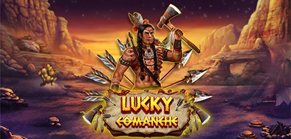Graphic of a Comanche warrior with a lucky amulet, set against a backdrop of the American plains in the Lucky Comanche slot.