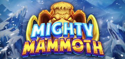 Digital rendering of a towering mammoth in a snowy prehistoric setting, logo for the Mighty Mammoth slot game.