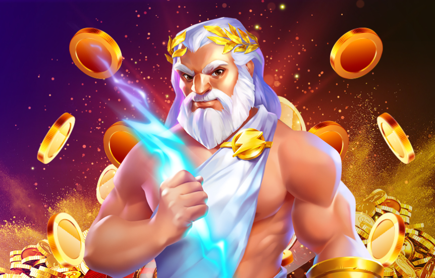 Image of Zeus, the mythological Greek god, holding a lightning bolt and presenting a promotional banner for a €10,000 casino deposit bonus.