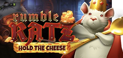 Cartoon image of mischievous rats ready to rumble and steal cheese blocks in the Rumble Ratz Hold The Cheese slot.